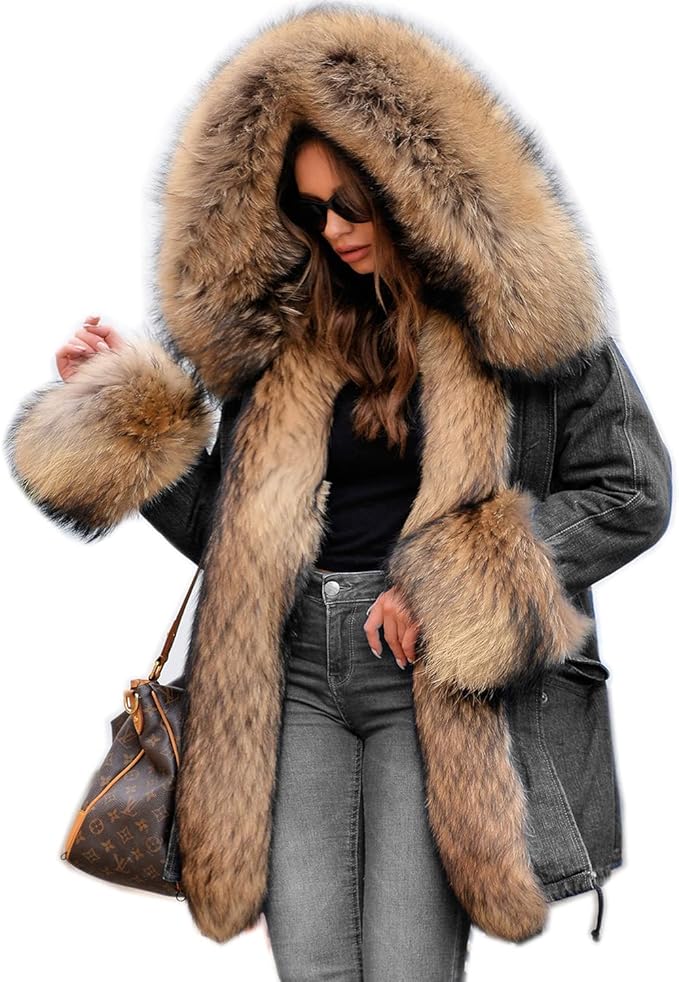 roiii 女式冬季加厚人造毛皮连帽加大码派克大衣夹克外套尺码 s-3xl